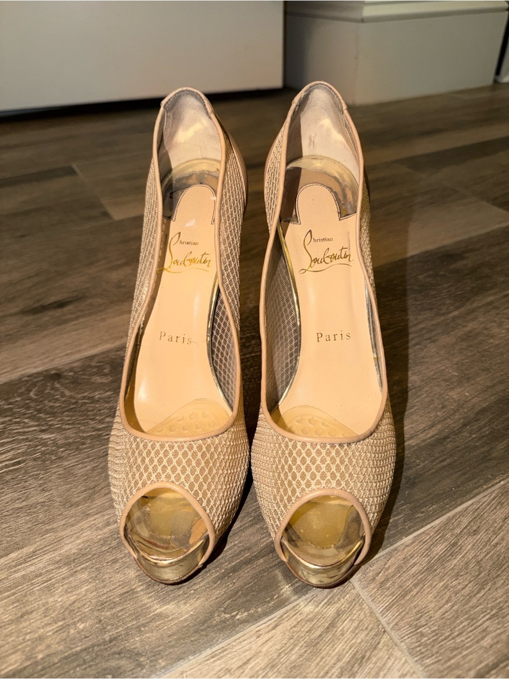 Christian Louboutin Beige Mesh Peep-Toe Pumps